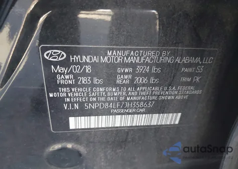 2018 Hyundai Elantra Sel z USA, uszkodzony, nr VIN 5NPD84LF7JH358637